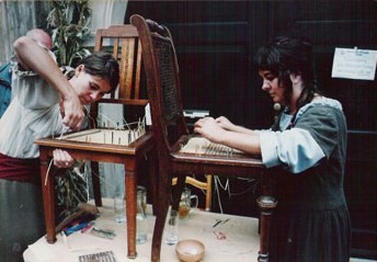 This is a
photograph of Sue with her friend Silke, also a chair reseater, doing a
demonstration at a German craft fair.