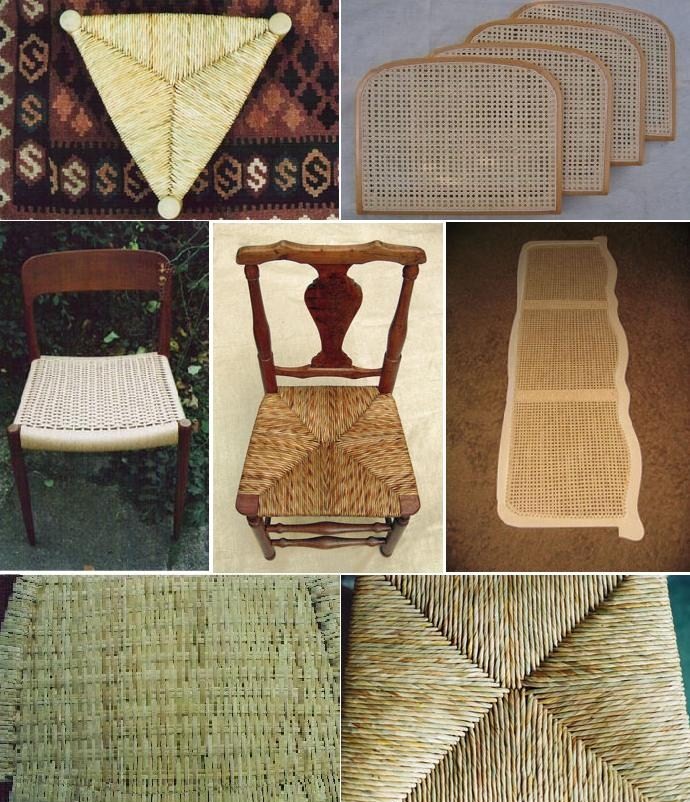 This is an amalgamated picture of various rush and cord chairs reseated by Sue. There is also a three cornered stool and a cane headboard.